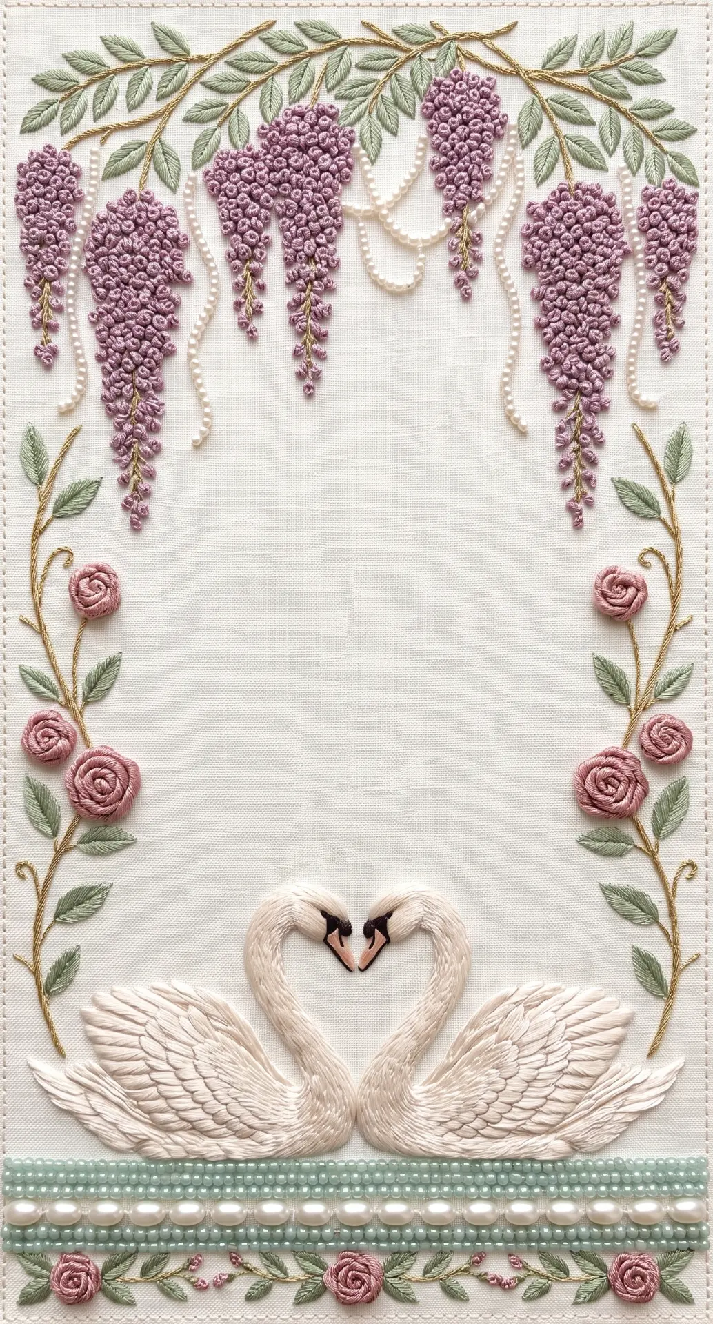 Embroidered wedding invitation with wisteria, roses and two swans